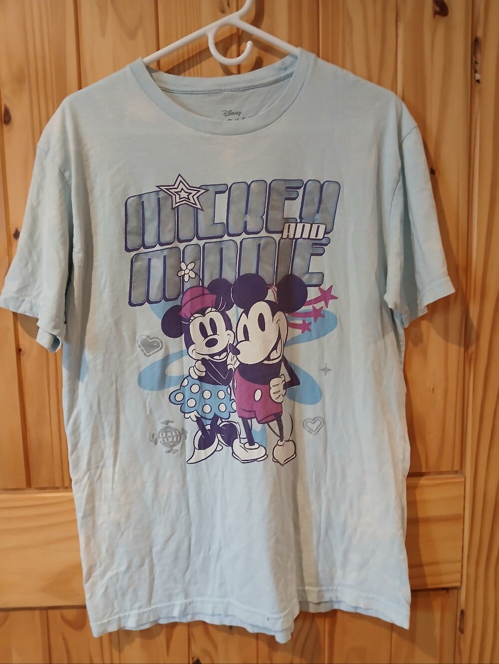 Disney Light Blue Wash Mickey & Minnie Graphic Short Sleeve Tee Size L